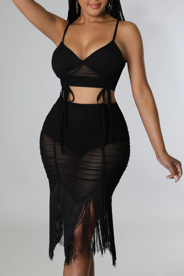 Black Sexy Solid Tassel Spaghetti Strap Sleeveless Two Pieces
