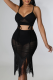 Black Sexy Solid Tassel Spaghetti Strap Sleeveless Two Pieces