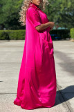 Watermelon Red Casual Solid Patchwork Turndown Collar Loose Jumpsuits