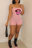 Pink Sexy Casual Lips Printed Backless Spaghetti Strap Skinny Romper