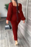 Burgundy Fashion Casual Solid Slit Square Collar Long Sleeve Dresses