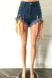The cowboy blue Fashion Street Solid Bandage Split Joint High Waist Denim Shorts