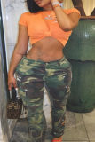 Army Green Fashion Casual Camouflage Print Patchwork Regular Mid Waist Trousers