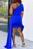Blue Fashion Casual Solid Split Joint Backless Oblique Collar Short Sleeve Dress Dresses