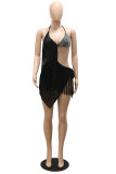 Apricot Sexy Patchwork Hot Drilling Tassel Bandage Hollowed Out Backless Spaghetti Strap Irregular Dress