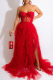 Red Sexy Plus Size Solid Patchwork See-through Backless Strapless Evening Dress