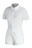White Sexy Solid Patchwork Buckle Turndown Collar Short Sleeve Two Pieces