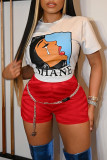Red Casual Print Patchwork O Neck Short Sleeve Two Pieces