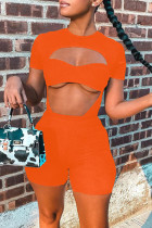 Orange Fashion Sexy Casual Solid Hollowed Out O Neck Short Sleeve Two Pieces