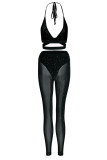 Black Sexy Solid Hollowed Out Split Joint See-through Halter Sleeveless Two Pieces
