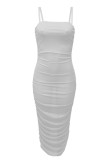 White Fashion Casual Solid See-through Backless Fold Spaghetti Strap Long Dress