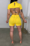 Yellow Fashion Sexy Solid Hollowed Out Backless Half A Turtleneck Short Sleeve Two Pieces