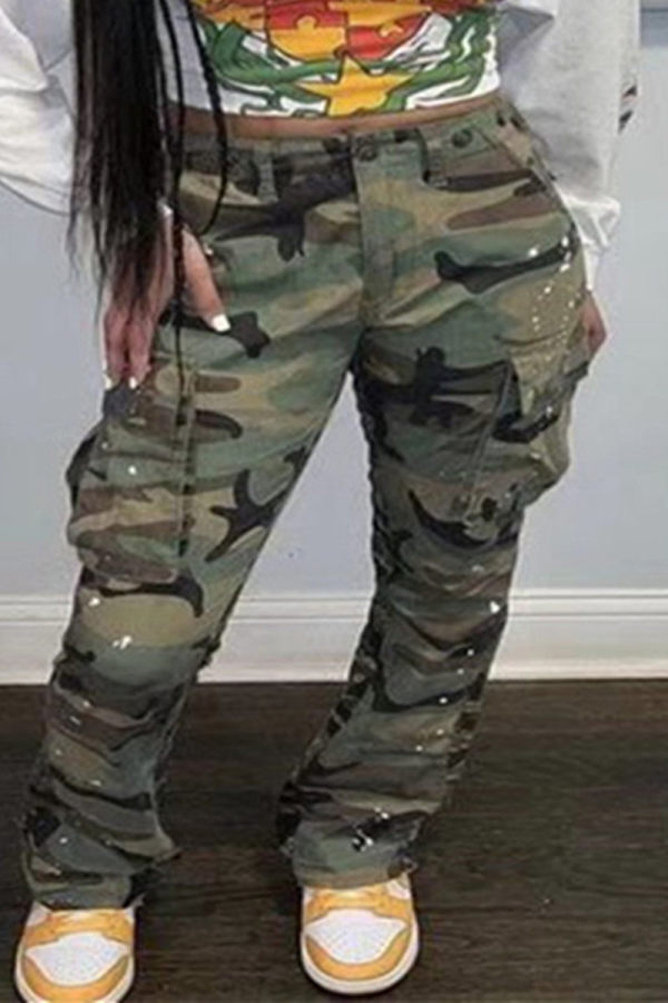 Army Green Fashion Casual Camouflage Print Patchwork Regular Mid Waist Trousers