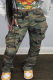 Army Green Fashion Casual Camouflage Print Patchwork Regular Mid Waist Trousers