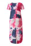 Yellow Fashion Casual Print Tie Dye Slit O Neck Short Sleeve Dress