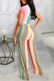 Multicolor Fashion Casual Striped Print Basic O Neck Short Sleeve Two Pieces