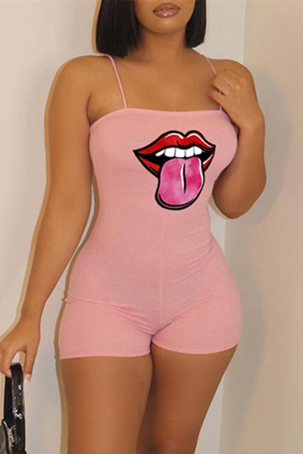 Pink Sexy Casual Lips Printed Backless Spaghetti Strap Skinny Romper