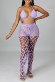 Black Sexy Solid Hollowed Out Patchwork See-through Halter Sleeveless Two Pieces