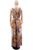 Red Sexy Casual Print Bandage Split Joint Backless Spaghetti Strap Long Dress