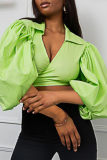 Green Fashion Casual Solid Bandage V Neck Tops
