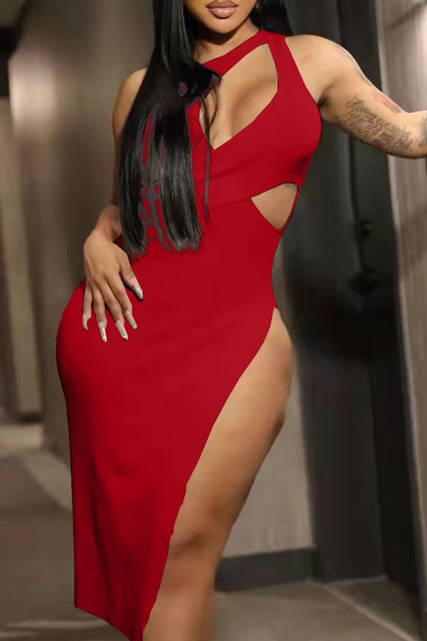 Red Fashion Sexy Solid Hollowed Out Slit O Neck Dresses