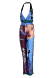 Pink Sexy Street Print Tassel Patchwork Asymmetrical Sleeveless Two Pieces