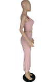 Pink Sexy Solid Patchwork O Neck Sleeveless Two Pieces
