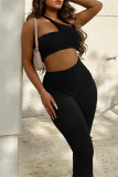 Black Fashion Casual Solid Backless Slit Fold One Shoulder Sleeveless Two Pieces