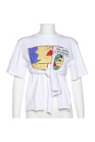White Casual Street Print Bandage Patchwork Slit O Neck T-Shirts