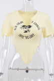 Light Yellow Fashion Print Patchwork U Neck T-Shirts