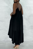 Black Sweet Elegant Solid Split Joint Fold Asymmetrical Spaghetti Strap Sling Dress Dresses
