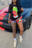 Black Fashion Casual Print Basic O Neck Short Sleeve Two Pieces