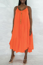 Tangerine Red Sweet Elegant Solid Split Joint Fold Asymmetrical Spaghetti Strap Sling Dress Dresses