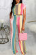 Multicolor Fashion Casual Striped Print Basic O Neck Short Sleeve Two Pieces