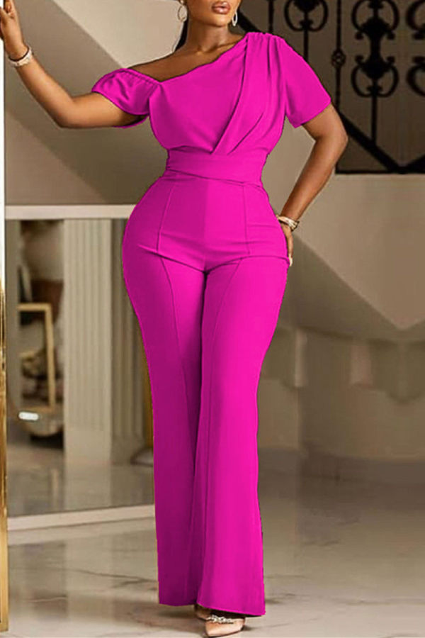 Purple Fashion Casual Solid Patchwork Oblique Collar Regular Jumpsuits