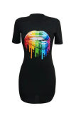 Black Fashion Casual Lips Printed Basic O Neck Short Sleeve Dress