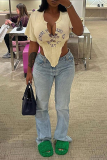 Light Yellow Fashion Print Patchwork U Neck T-Shirts
