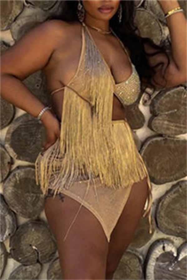 Apricot Sexy Patchwork Hot Drilling Tassel Bandage Hollowed Out Backless Spaghetti Strap Irregular Dress