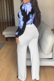 Blue Fashion Casual Print Basic Turtleneck Long Sleeve Two Pieces