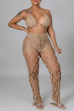 Black Sexy Solid Hollowed Out Patchwork See-through Halter Sleeveless Two Pieces