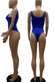 Blue Vacation Solid Patchwork U Neck Skinny Bodysuits