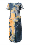 Yellow Fashion Casual Print Tie Dye Slit O Neck Short Sleeve Dress