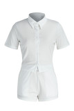 White Sexy Solid Patchwork Buckle Turndown Collar Short Sleeve Two Pieces