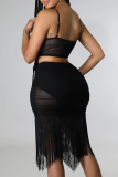 Black Sexy Solid Tassel Spaghetti Strap Sleeveless Two Pieces