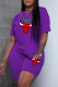 Dark Purple Fashion Sportswear Print Letter O Neck Short Sleeve Two Pieces