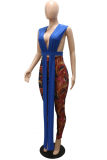 Blue Fashion Sexy Print Patchwork V Neck Sleeveless Two Pieces