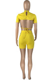 Yellow Fashion Sexy Solid Hollowed Out Backless Half A Turtleneck Short Sleeve Two Pieces