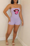Pink Sexy Casual Lips Printed Backless Spaghetti Strap Skinny Romper