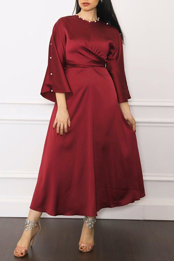 Purplish Red Casual Elegant Solid Patchwork Hot Drill O Neck A Line Dresses
