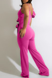 Red Fashion Casual Solid Patchwork With Belt V Neck Regular Jumpsuits
